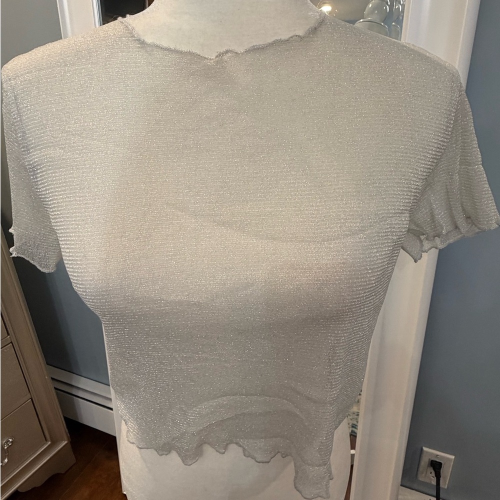 LF Shimmering Silver Short Sleeve Top
